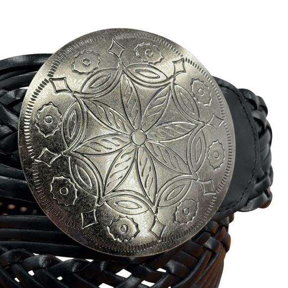 New York and Co Wide Braided Belt Womens L Black Oversized Silver Buckle Leather - Picture 6 of 11